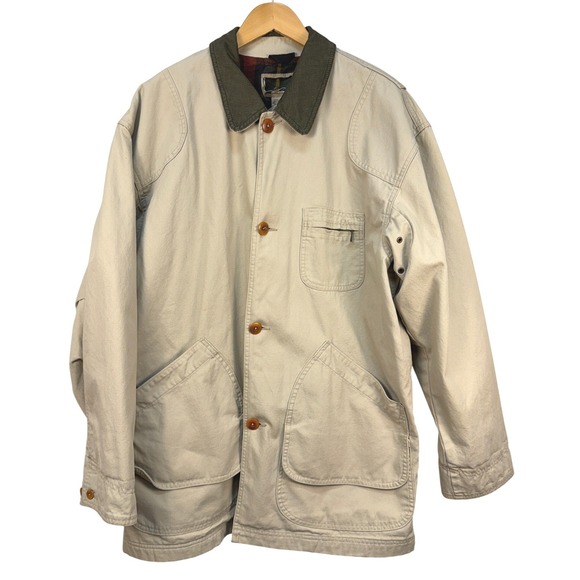 L.L. Bean Other - LL Bean Mens Field Coat Barn Jacket Beige Khaki Canvas Plaid Lined Corduroy L